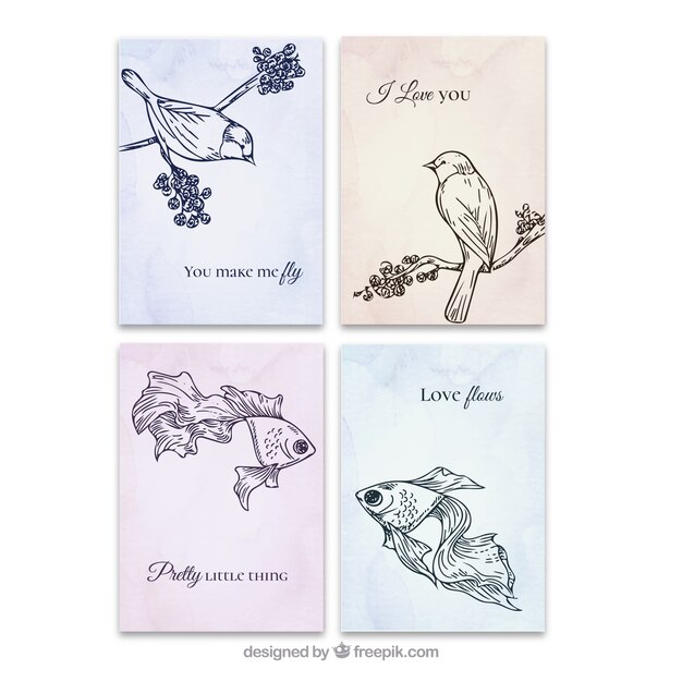 Set de tarjetas de amor de animales dibujadas a mano