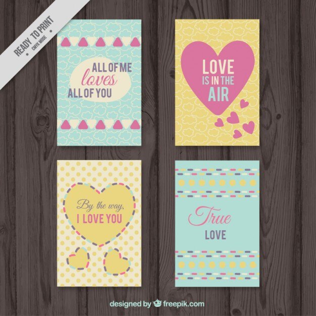 Set de tarjetas de amor con formas abstractas y corazones