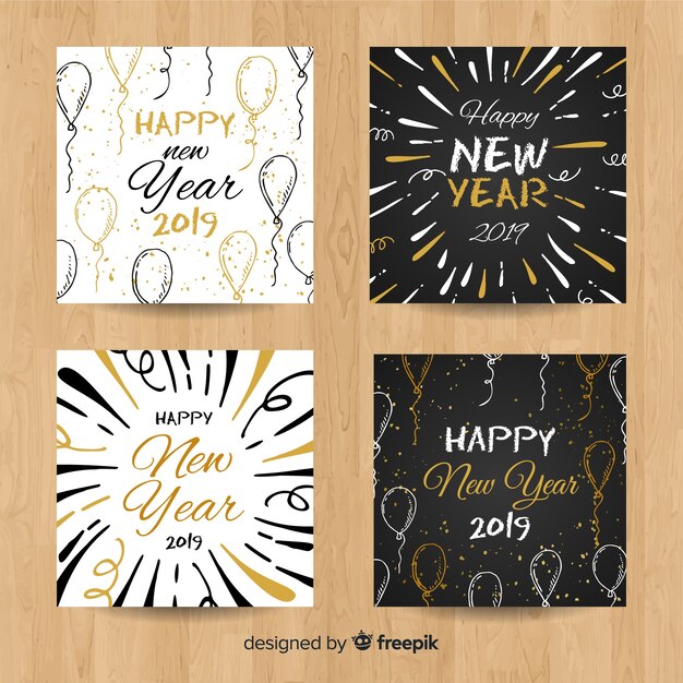 Set de tarjetas de año nuevo 2019 dibujadas a mano