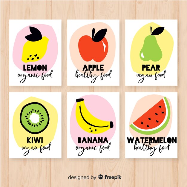 Set tarjetas comida fruta dibujada a mano