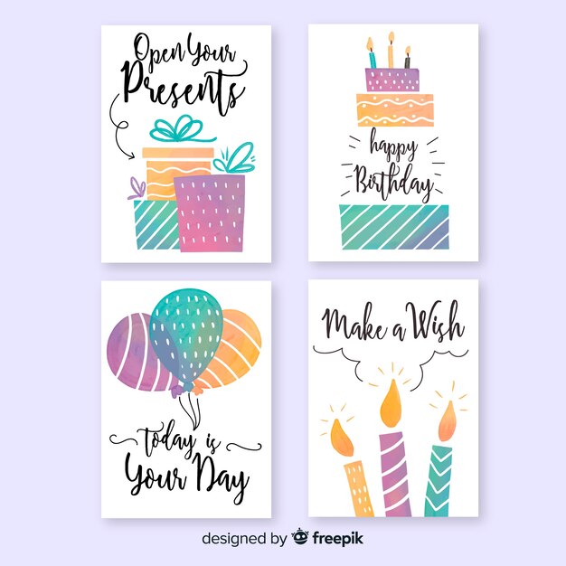 Set de tarjetas de cumpleaños en acuarela