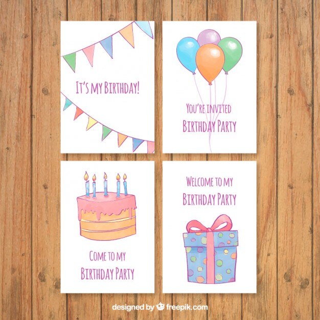 Set de tarjetas de cumpleaños adorables de acuarela dibujadas a mano 