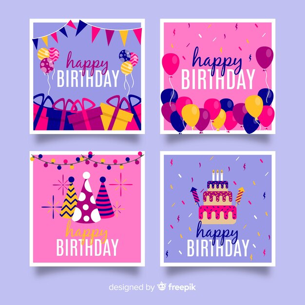 Set de tarjetas de cumpleaños de diseño plano