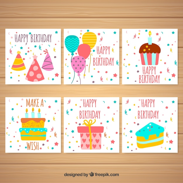 Set de tarjetas de cumpleaños con elementos y confeti 