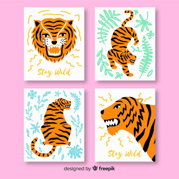 Set de tarjetas dibujadas de animales salvajes