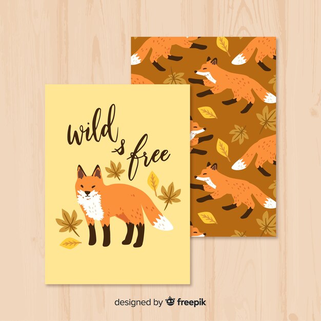 Set de tarjetas dibujadas de zorro salvaje en la naturaleza