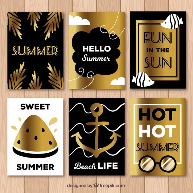 Vector gratuito set de tarjetas doradas de verano