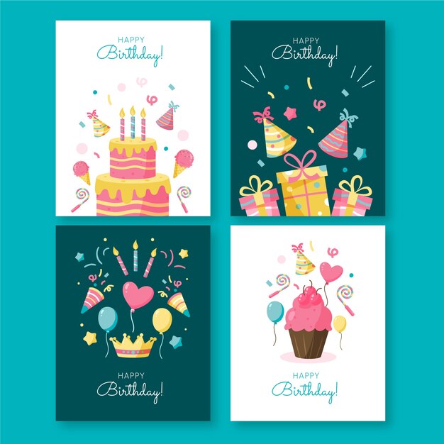 Set de tarjetas de feliz cumpleaños dibujadas a mano