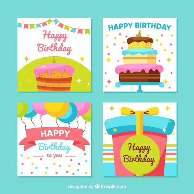 Set de tarjetas de feliz cumpleaños en estilo plano
