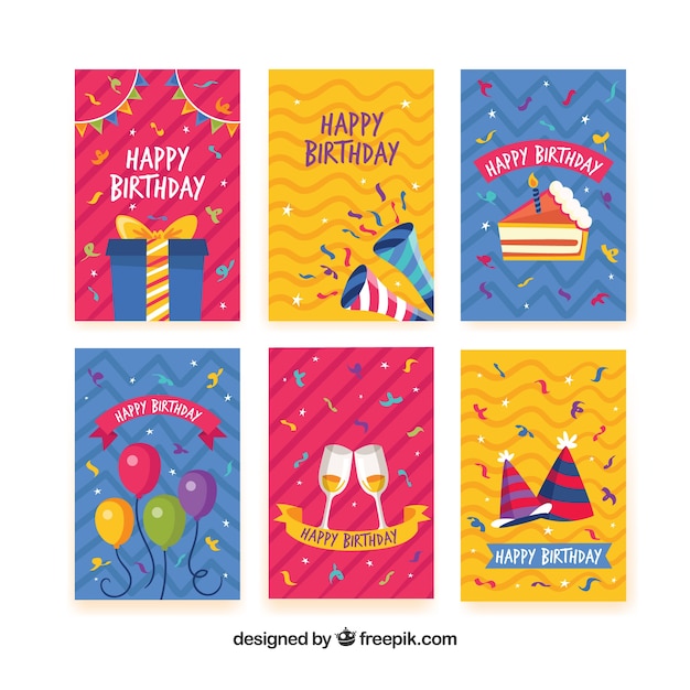Set de tarjetas de feliz cumpleaños en estilo plano