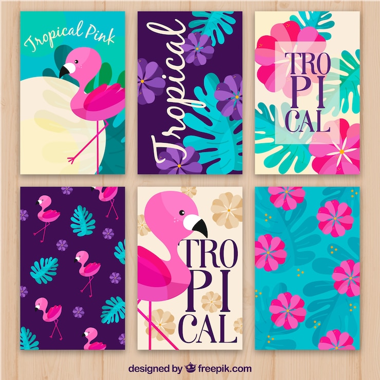 Vector gratuito set de tarjetas de flamenco y flores tropicales