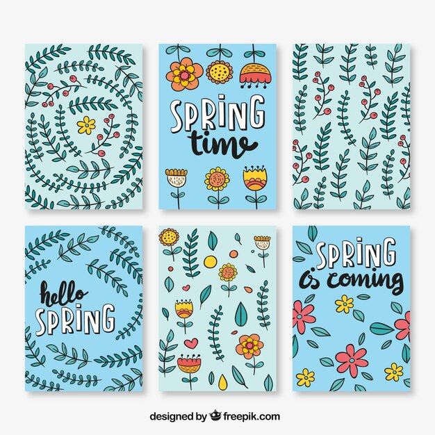 Set de tarjetas de flores y hojas para primavera dibujadas a mano 