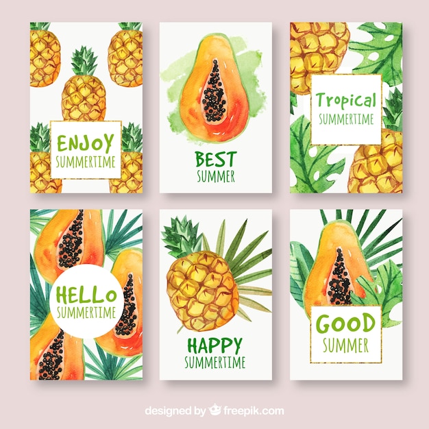 Vector gratuito set de tarjetas de frutas exóticas de acuarela