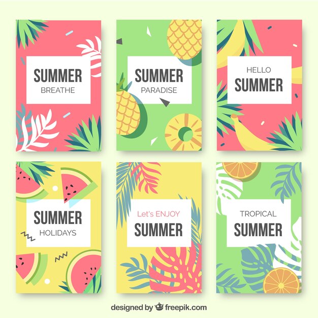Set de tarjetas de frutas de verano y hojas de palmera