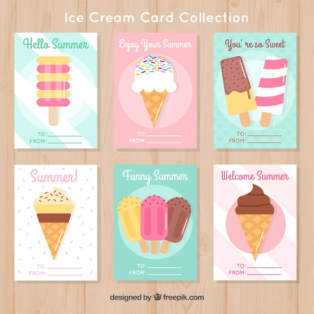 Set de tarjetas de helados en diseño plano