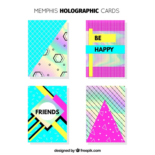 Set de tarjetas memphis coloridas con efecto holográfico