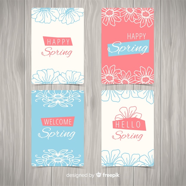 Set tarjetas primavera flores dibujadas a mano