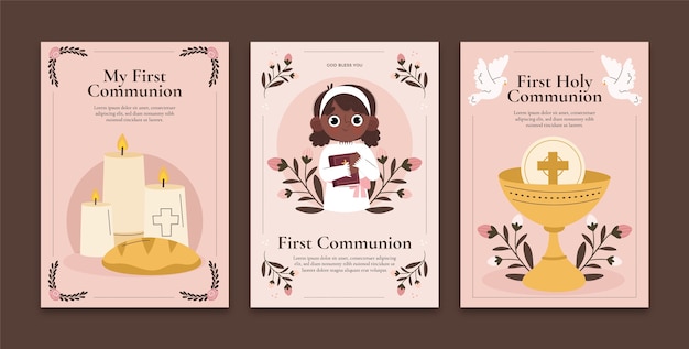 Vector gratuito set de tarjetas de primera comunión dibujadas a mano