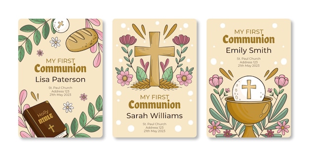 Set de tarjetas de primera comunión dibujadas a mano
