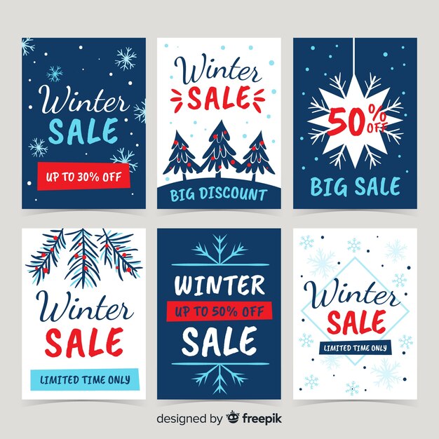 Set de tarjetas de rebajas de invierno dibujadas a mano