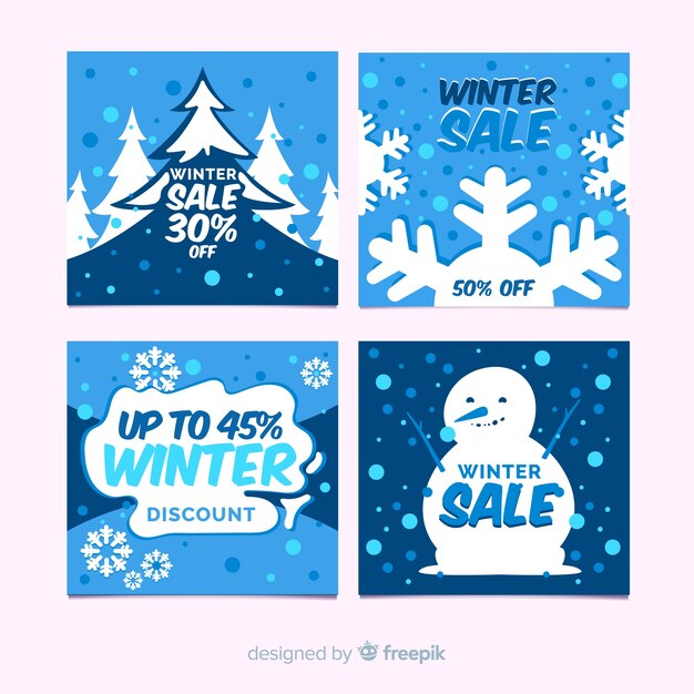 Set de tarjetas rebajas de invierno en diseño plano