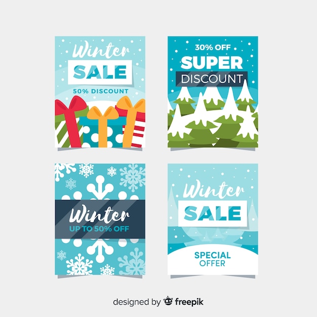 Vector gratuito set de tarjetas de rebajas de invierno en diseño plano