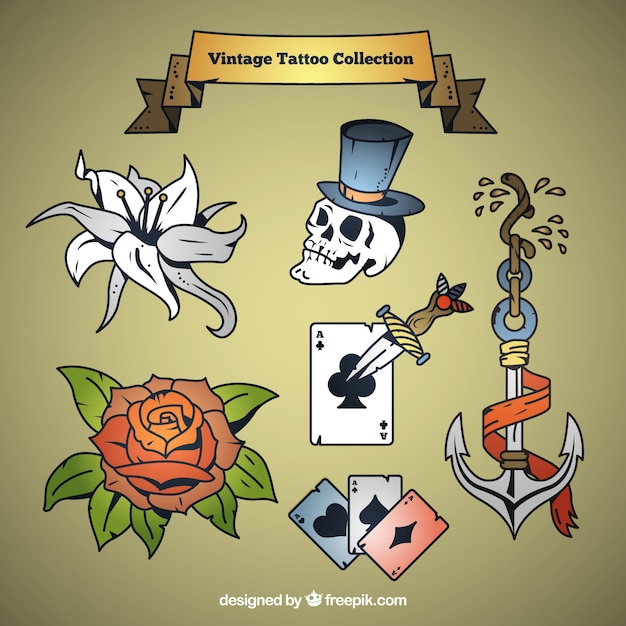 Vector gratuito set de tatuajes vintage dibujados a mano de temática variada