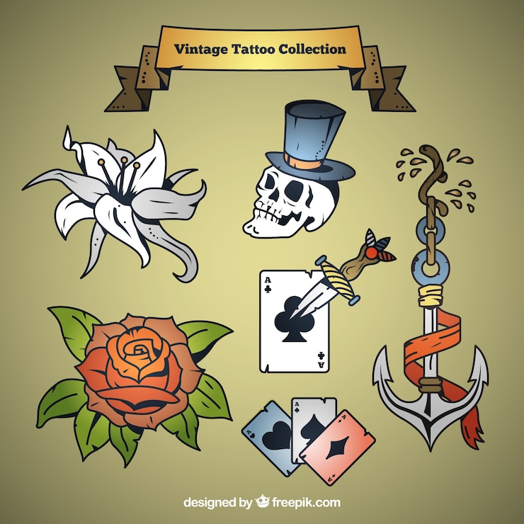Vector gratuito set de tatuajes vintage dibujados a mano de temática variada