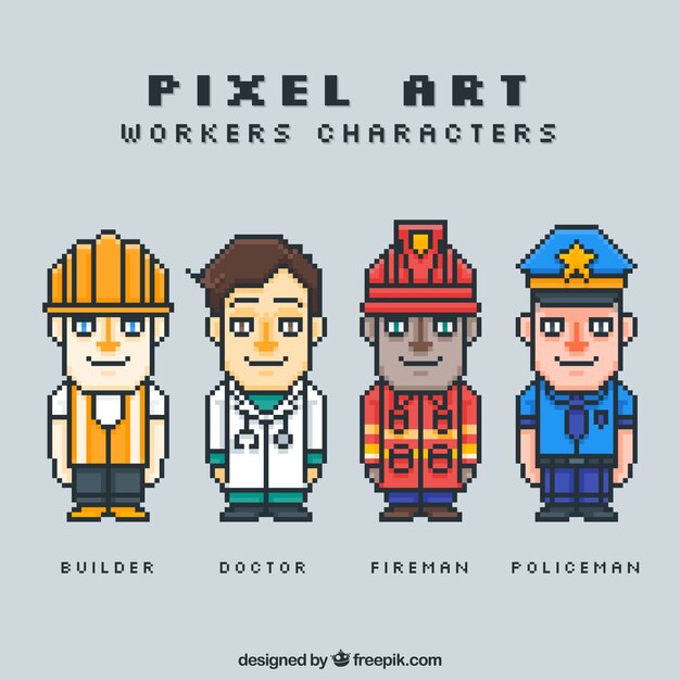 Set de trabajadores pixelados