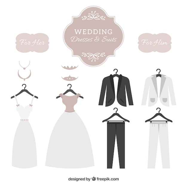 Vector gratuito set de trajes y vestidos de boda