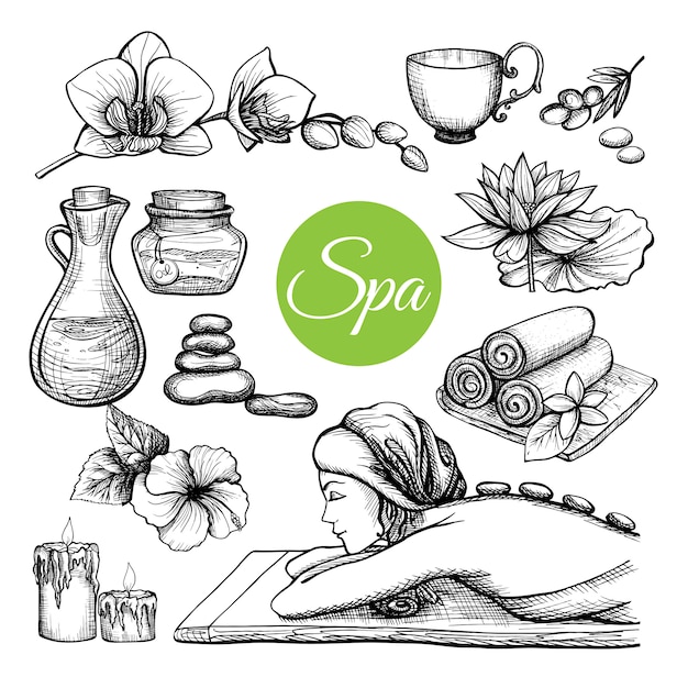 Set de tratamiento de spa dibujado a mano