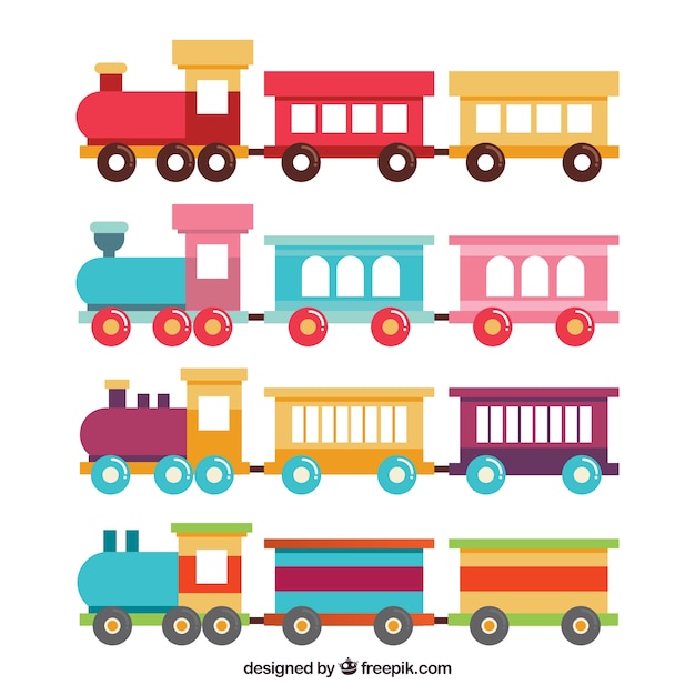 Vector gratuito set de trenes de juguete en diseño plano