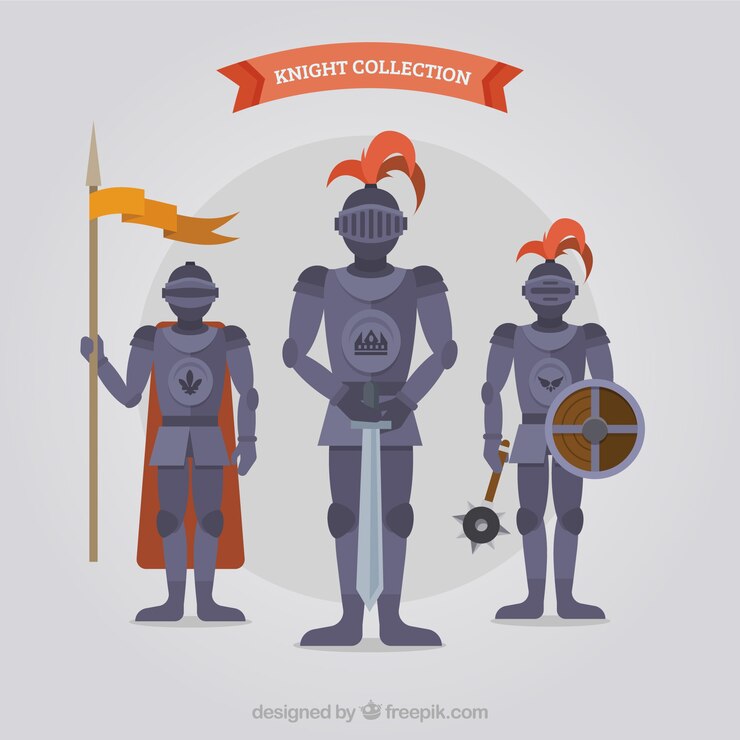 Vector gratuito set de tres armaduras con accesorios en diseño plano