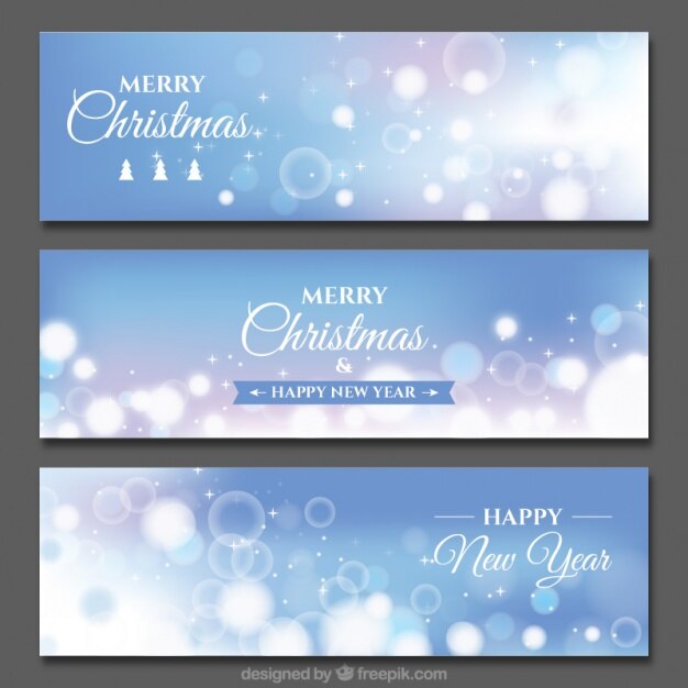 Vector gratuito set de tres banners azules con efecto bokeh para navidad