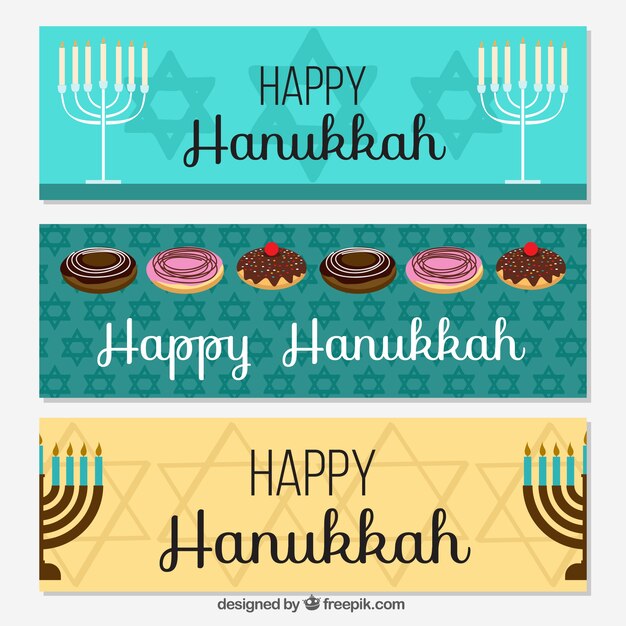 Set de tres banners con candelabros y dulces para hanukkah