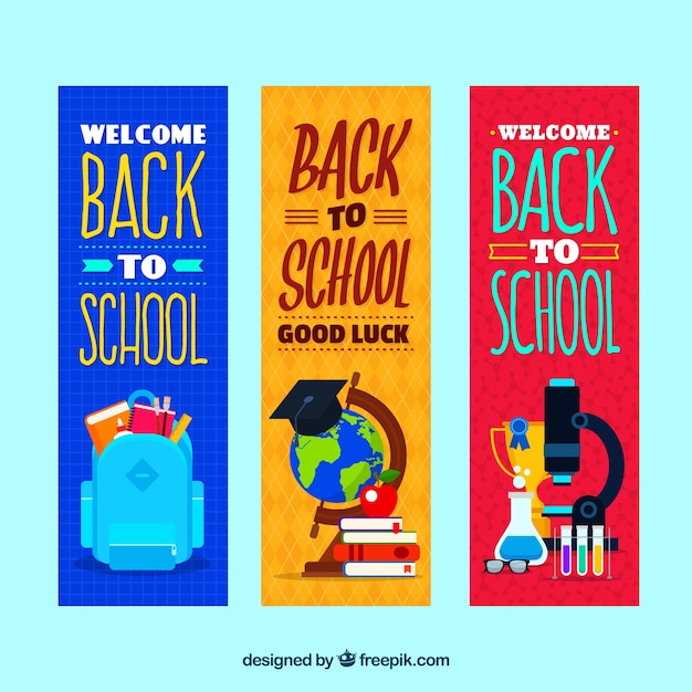 Vector gratuito set de tres banners de colegio con material