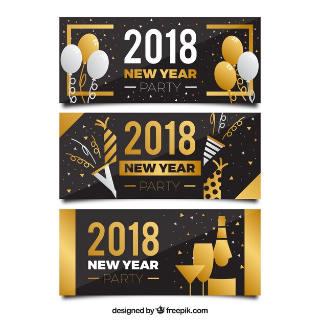 Set de tres banners dorados de año nuevo 2018