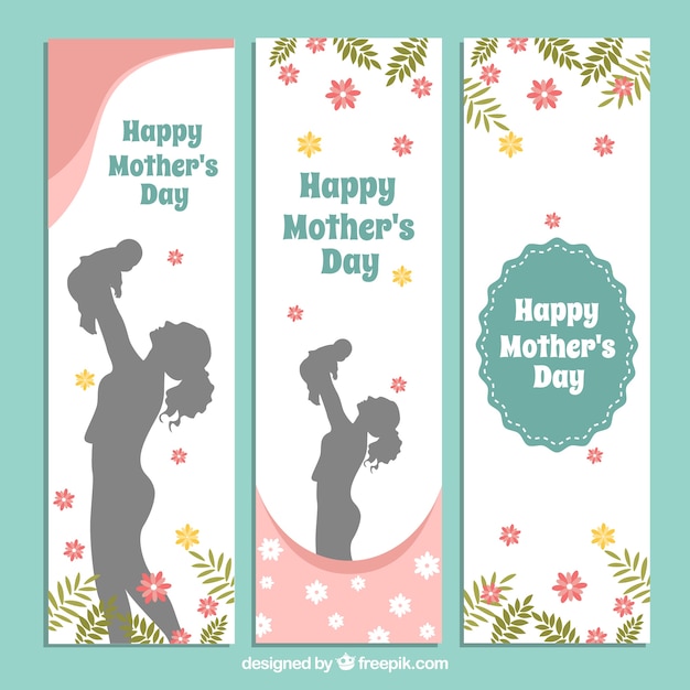 Set de tres banners fantásticas con siluetas y flores para el día de la madre