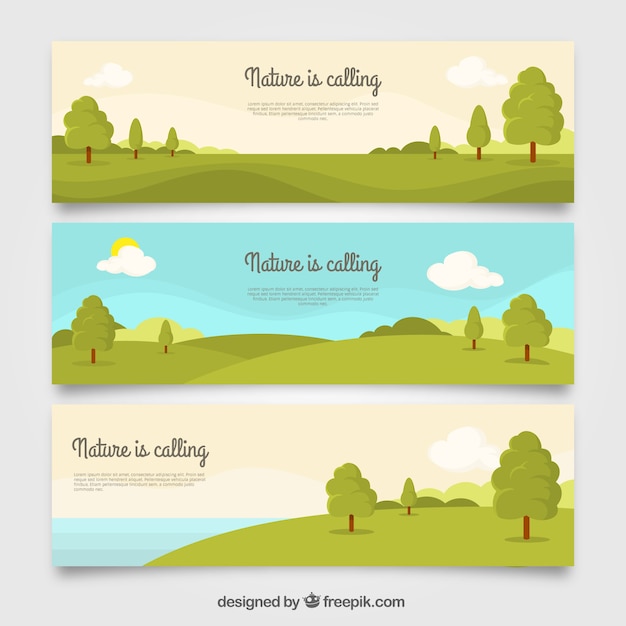 Set de tres banners de paisajes con árboles