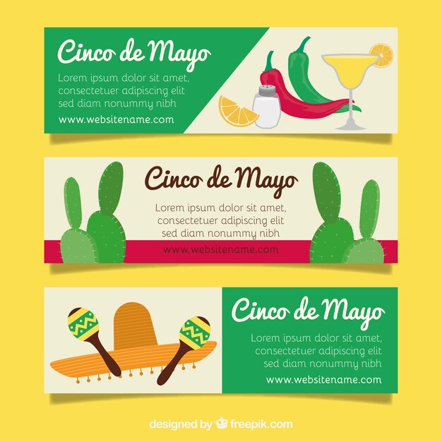 Set de tres banners planos para el cinco de mayo
