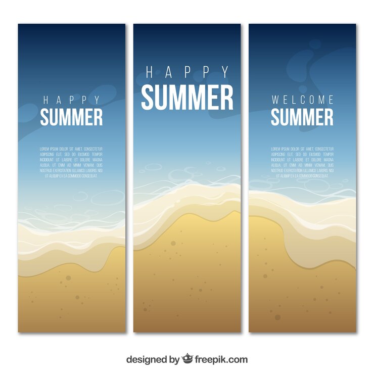 Vector gratuito set de tres banners veraniegos con mar y arena