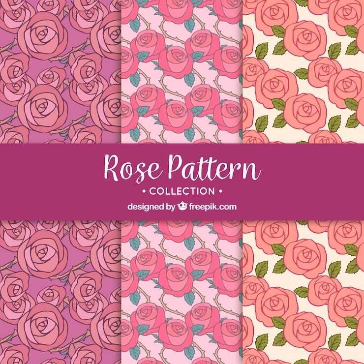 Vector gratuito set de tres patrones decorativos con rosas rosas