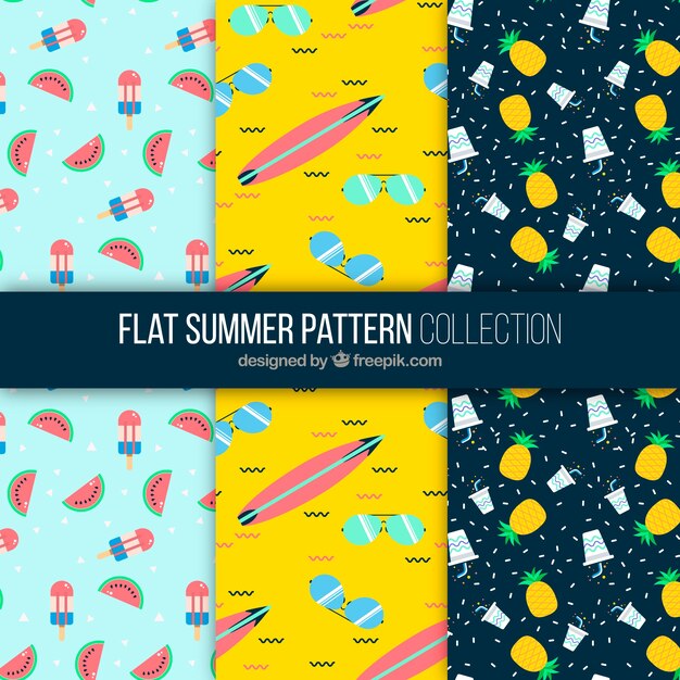 Set de tres patrones con elementos veraniegos en diseño plano