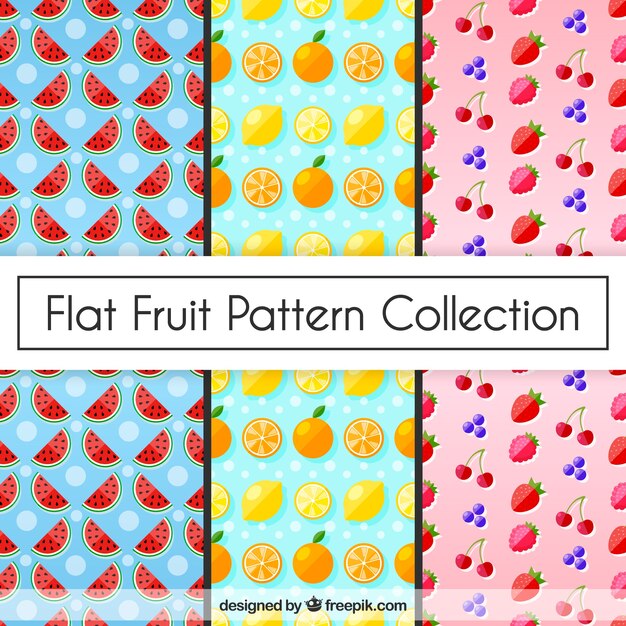Set de tres patrones de frutas en diseño plano