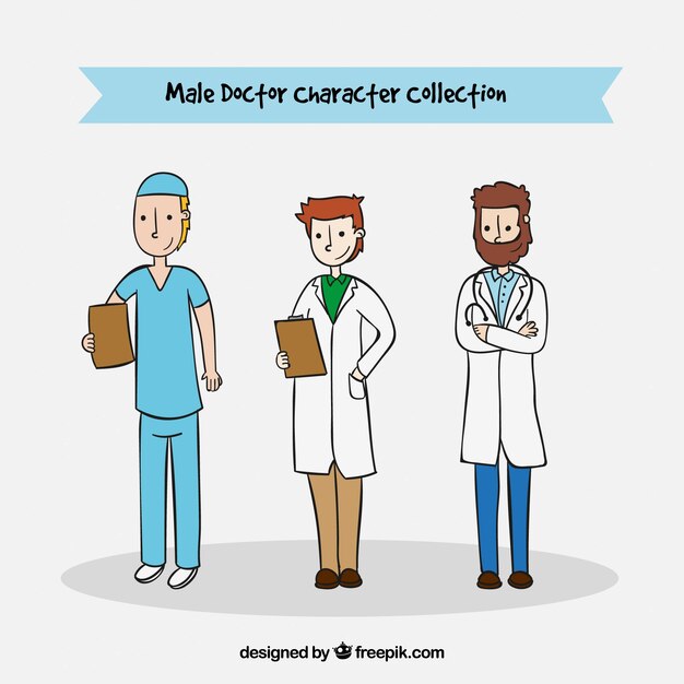 Set de tres personajes masculinos médicos dibujados a mano