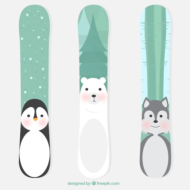 Set de tres snowboards con animales adorables