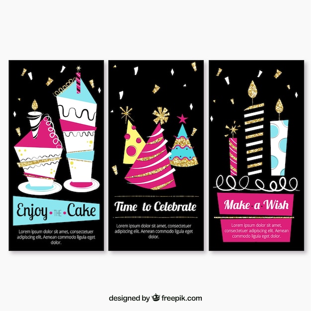 Vector gratuito set de tres tarjetas de cumpleaños