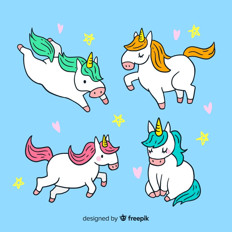Vector gratuito set de unicornios de estilo kawaii