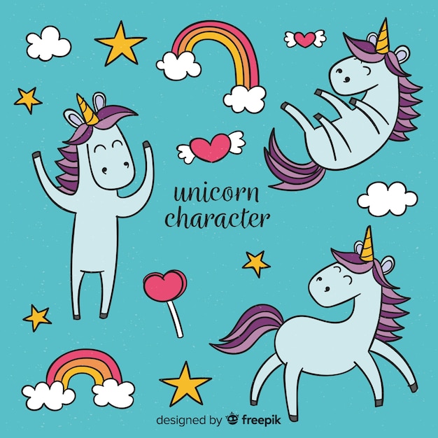 Vector gratuito set de unicornios de estilo kawaii