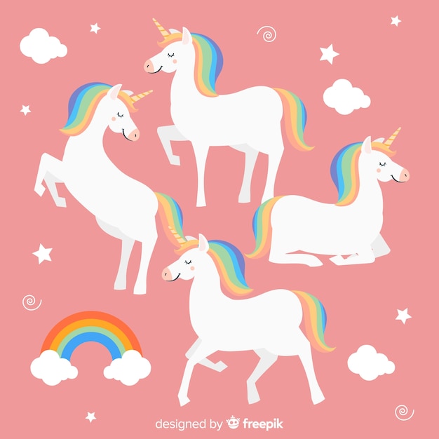 Vector gratuito set de unicornios de estilo kawaii